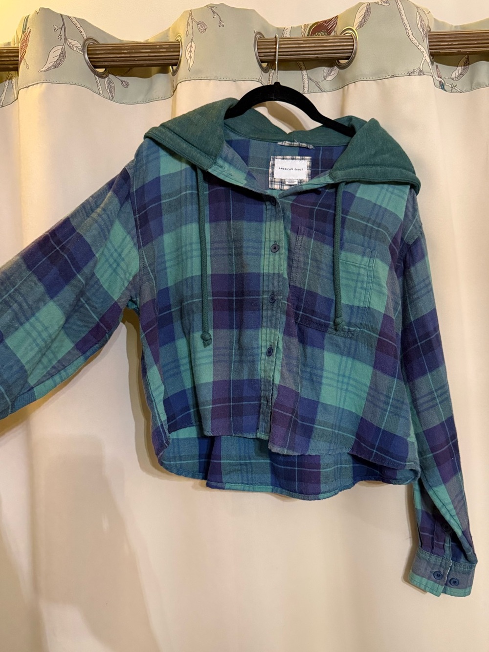 American Eagle Outfitters Plaid Hooded Shirt — Teal & Navy